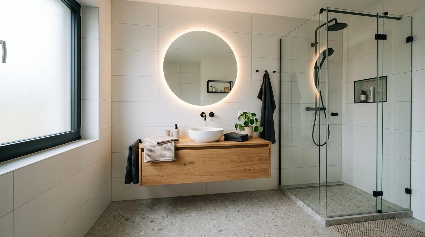 Salle de bain moderne rénovée avec meuble chêne, miroir rétro-éclairé et douche italienne dans le canton de Vaud